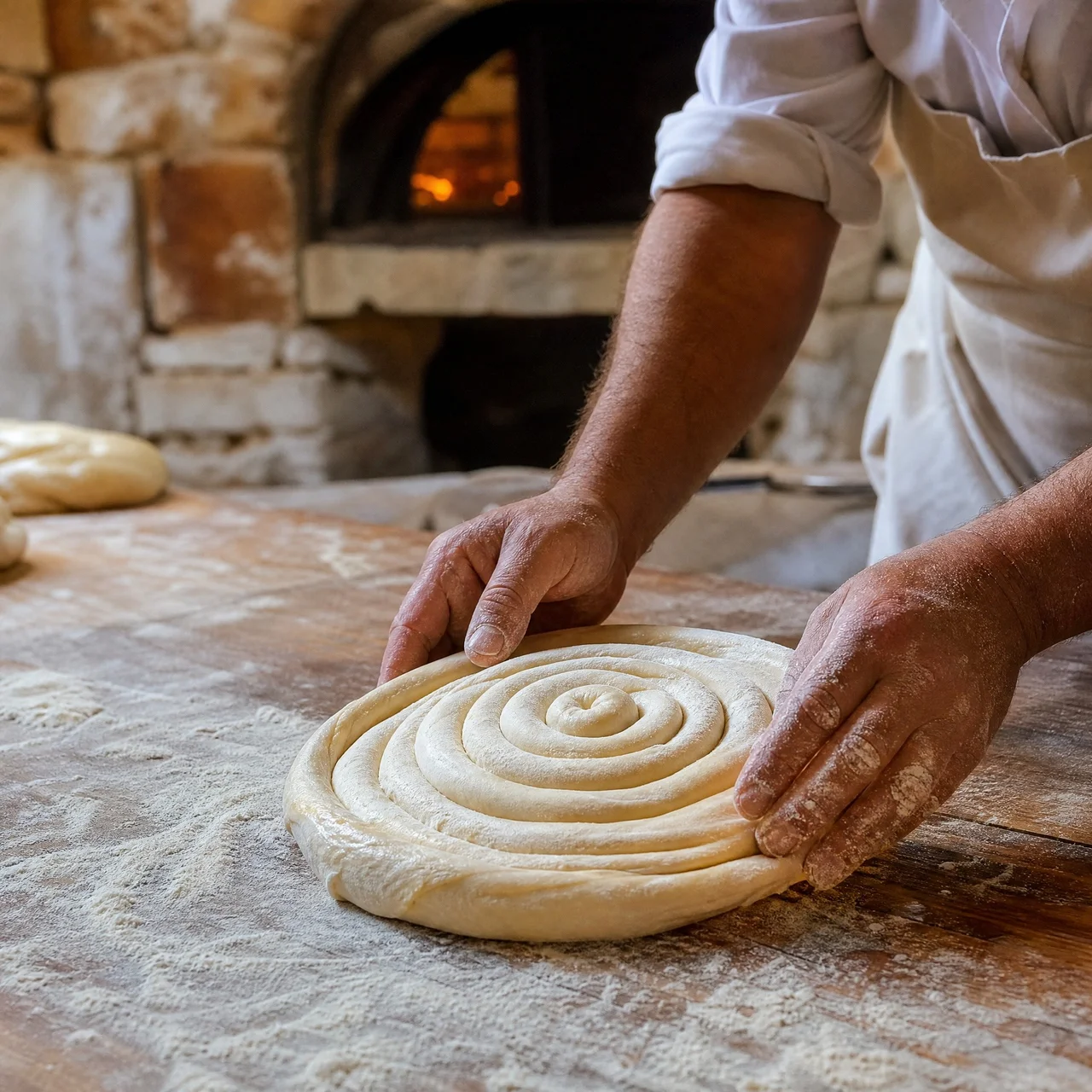 Manos de un artesano dando forma a una ensaimada sobre una mesa enharinada, frente al horno