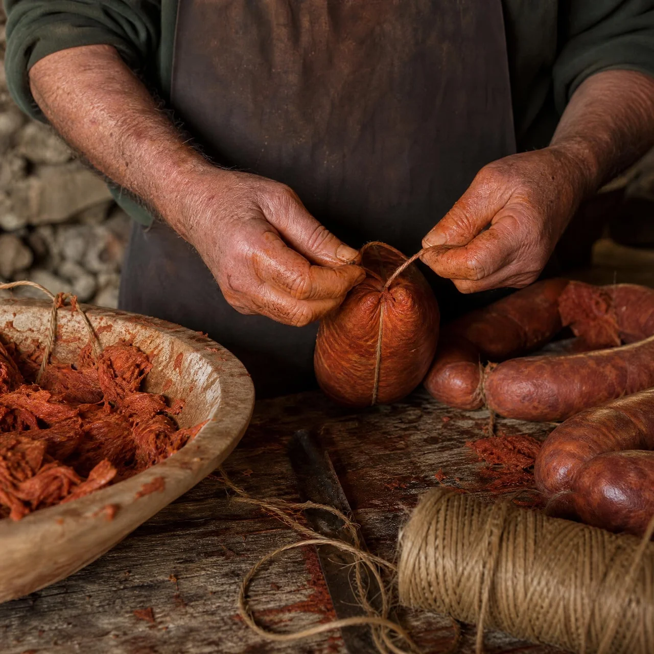 Manos de un artesano atando una sobrasada con cordel sobre una mesa de trabajo